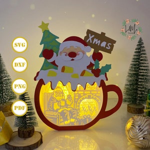 Santa Hot Cocoa Box Lantern Paper Cut, Xmas Lantern svg, Xmas Shadow Box, Christmas Silhouette Lantern, Hot Cocoa 3d Box, Light Box Svg