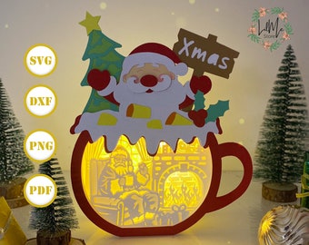 Santa Hot Cocoa Paper Cut Light Box: Xmas Lantern SVG (Digital Files)