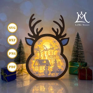 Weihnachtsdorf Rentier Box Papierschnitt, Weihnachtslaterne svg, Weihnachtsschattenbox, Weihnachtssilhouette Laterne, Weihnachts 3d Box, Light Box SVG 2