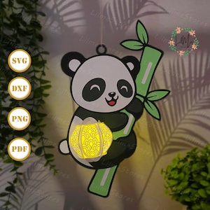Lanterna de panda recortada em papel, Lanterna de panda svg, Caixa de sombra de panda, Lanterna de silhueta de animal, Caixa 3D de animal, Caixa de luz SVG