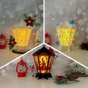 Pack 3 kerst sneeuwpop lantaarn papier gesneden, kerst lantaarn svg, Xmas Shadow Box, kerst silhouet lantaarn, kerst 3D-box, lichtbak SVG
