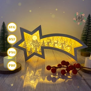 Caixa de Estrelas de Papai Noel, Lanterna de Natal em Papel Recortada, Lanterna de Natal SVG, Caixa de Sombras de Natal, Lanterna de Silhueta de Natal, Caixa de Estrelas 3D, Caixa de Luz SVG