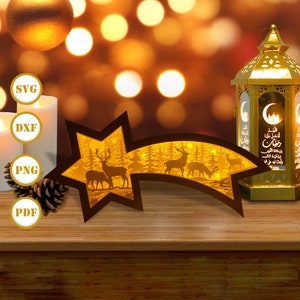 Cerf étoile boîte lanterne de Noël papier découpé, lanterne de Noël svg, boîte ombre de Noël, lanterne Silhouette de Noël, boîte étoile 3d, boîte à lumière Svg