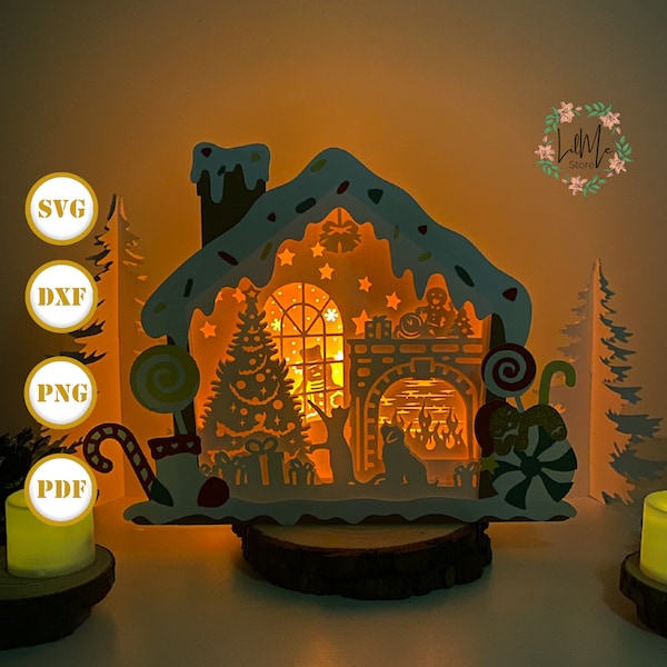Fireplace Gingerbread House Box Lantern SVG for Cricut Project DIY, Gingerbread House Box Lamp For Christmas Decor, Christmas Shadow Box
