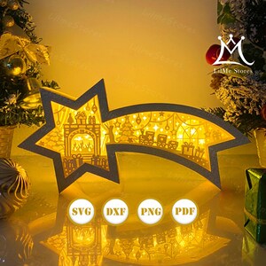 Lanterna di Natale con stella in carta tagliata, lanterna di Natale in formato SVG, scatola con ombra di Natale, lanterna con silhouette di Natale, scatola con stella in formato 3D, scatola luminosa in formato SVG 2
