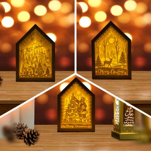 Pack 3 Weihnachten 3 Haus Box Laterne Papierschnitt, Weihnachtslaterne svg, Weihnachtsschattenbox, Weihnachtssilhouette Laterne, Haus Box 3d Box, Light Box svg