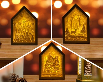 Pack 5 Xmas House Paper Cut Light Box Lantern: Christmas Shadow Box SVG (Digital Files)