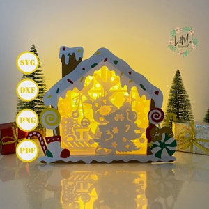 Rentier-Lebkuchen-Haus-Box-Laterne-Papierschnitt, Weihnachtslaterne svg, Xmas-Schattenbox, Weihnachtssilhouette-Laterne, Haus-Box 3d Box