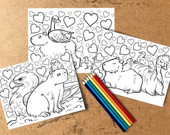 Everybody loves capybara! Even birds! Colouring page 3-pack, digital download, for kids and adults, cute coloring fun for Valentine's Day!