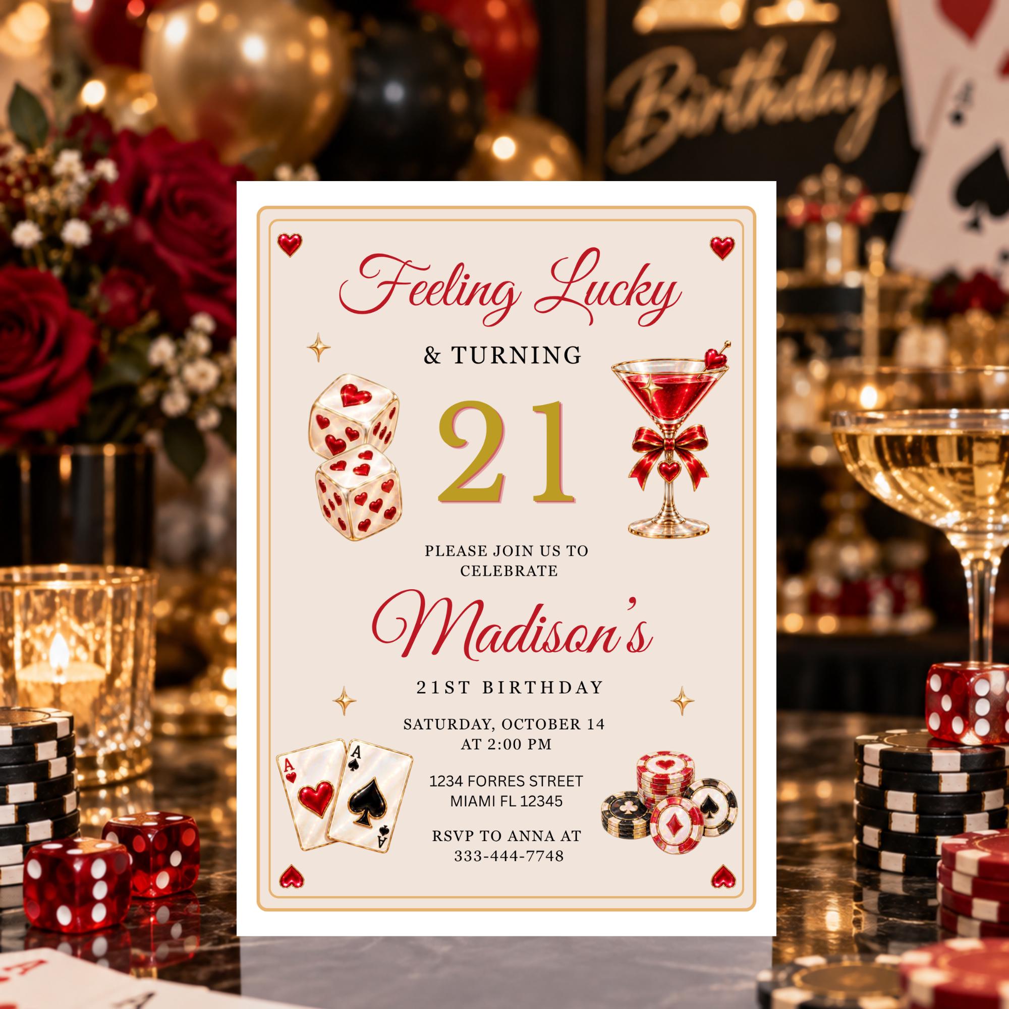 Feeling Lucky 21st Birthday Invitation, Casino Party Template (digital ...