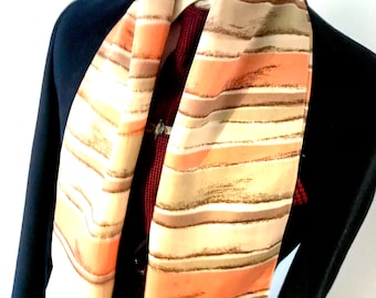Men's Vintage Striped Scarf, 60’s All Original Orange Mod Silk Necktie Mid Century Cravat