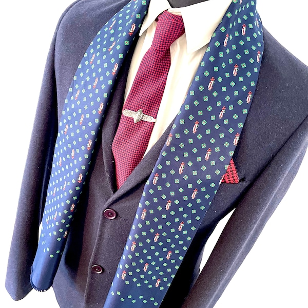 Men's Vintage Golf Scarf, Geometric All Original Silky Navy Necktie