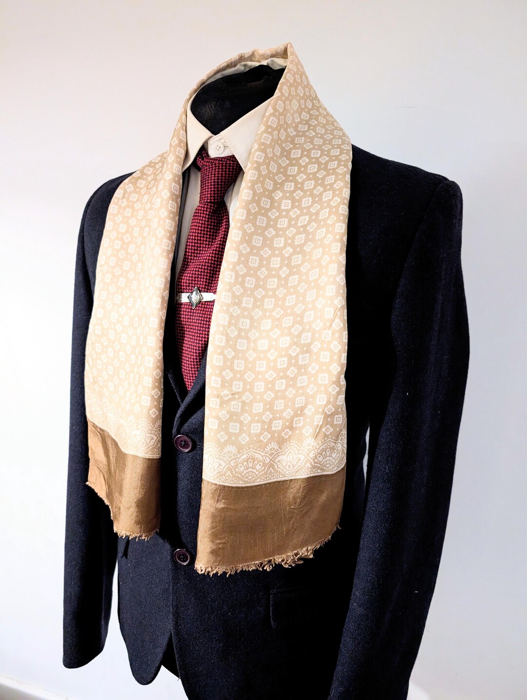 Men's Vintage Printed Wool & Silk Fringed Scarf