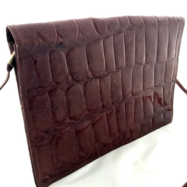 Vintage Crocodile Print Large Clutch Bag, 70's Brown Croc Style Classic Shoulder Bag