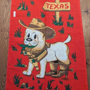 Vintage 70’s Irish Texas Cowboy Dog Linen Tea Towel, Retro Material New Old Stock