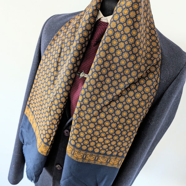 Men's Vintage Pattern Scarf, 60’s All Original Blue Mod Wool Necktie Mid Century Cravat
