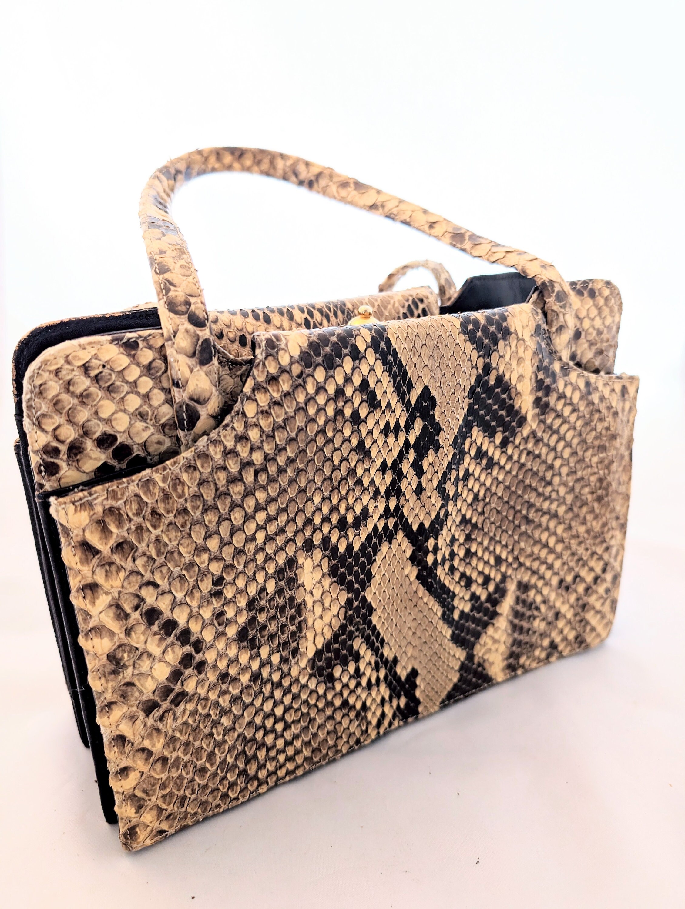 Vintage Snake Print Hand Bag, 50's Snake Beige Leather Classic Bag