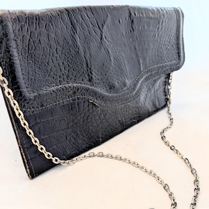 Vintage Crocodile Print Shoulder Bag, 50&#39;s Croc Black Leather Clutch Bag