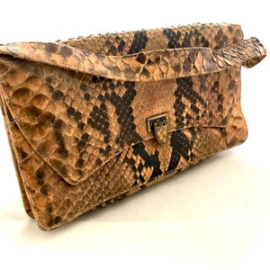 Vintage Snake Print Hand Bag, 70&#39;s Snake Classic Tan Leather Clutch Bag
