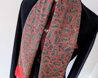 Men's Vintage Paisley Scarf, 60’s All Original Retro Red Silky Necktie Mid Century Cravat