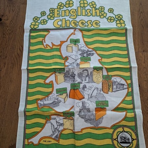 Vintage 70’s Irish English Cheese Linen Tea Towel, Retro Material New Old Stock