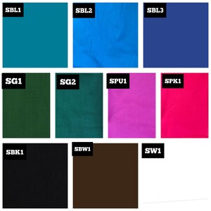 May include: A collection of 12 fabric swatches in various colours, including teal, blue, green, pink, red, black, brown, and white. Each swatch is labelled with a code, such as SBL1, SG1, SPU1, and SW1.