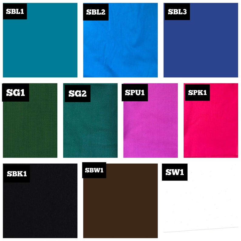 May include: A collection of 12 fabric swatches in various colours, including teal, blue, green, pink, red, black, brown, and white. Each swatch is labelled with a code, such as SBL1, SG1, SPU1, and SW1.