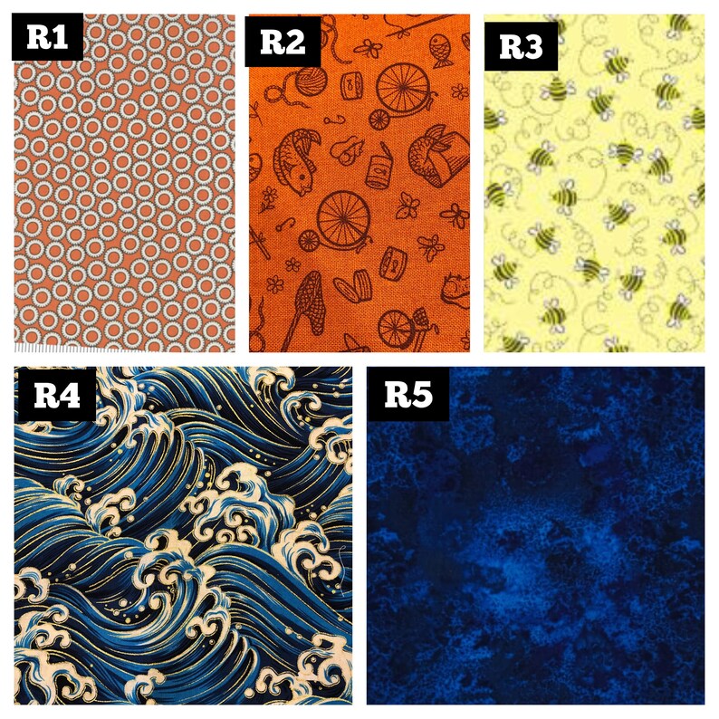 May include: Five fabric swatches featuring a variety of patterns. The first swatch is orange with a white geometric design. The second swatch is orange with a black and white pattern of bicycles, fish, and other objects. The third swatch is yellow with a black and white pattern of bees. The fourth swatch is blue with a gold pattern of waves. The fifth swatch is blue with a dark blue and black pattern.