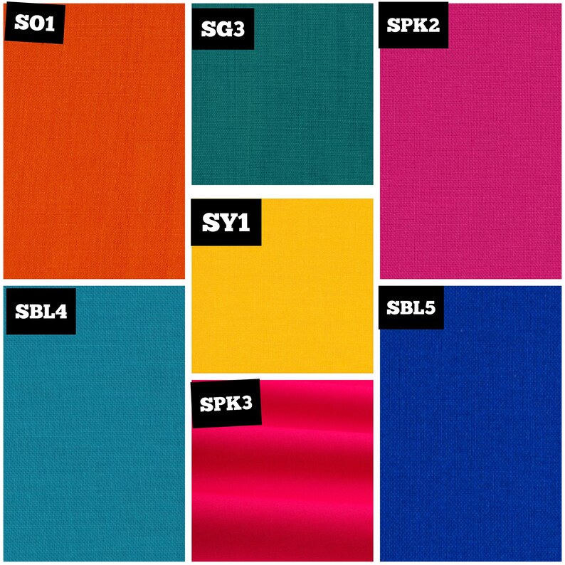 May include: A collage of fabric swatches in various colours and textures. The swatches are labelled with the following codes: S01, SG3, SPK2, SY1, SBL4, SBL5, and SPK3.