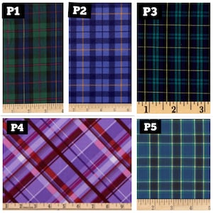 May include: Five different plaid fabric swatches labelled P1 through P5. The swatches are all different colours and patterns. P1 is a green and black plaid, P2 is a blue and yellow plaid, P3 is a dark blue and green plaid, P4 is a purple and red plaid, and P5 is a dark blue and green plaid.
