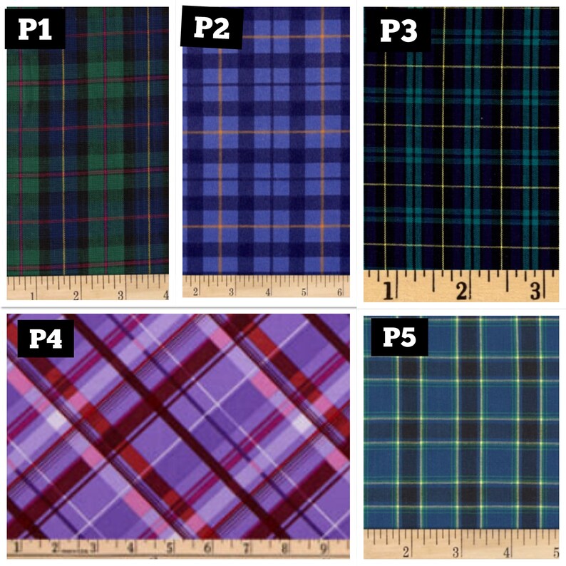 May include: Five different plaid fabric swatches labelled P1 through P5. The swatches are all different colours and patterns. P1 is a green and black plaid, P2 is a blue and yellow plaid, P3 is a dark blue and green plaid, P4 is a purple and red plaid, and P5 is a dark blue and green plaid.