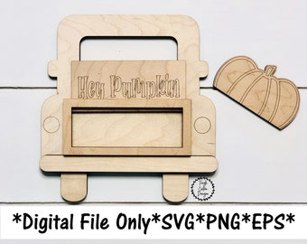 May include: A wooden cutout of a truck with the words "Hey Pumpkin" on the back. The truck has a space for a personalized message. A separate pumpkin cutout is included.