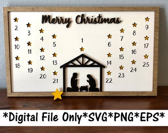 May include: A white wooden sign with a brown frame and the text "Merry Christmas" in black. The sign has 25 stars and numbers 1 through 25. The sign also has a black silhouette of a nativity scene.