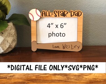 May include: A wooden picture frame with a baseball and bat design. The frame is designed to hold a 4x6 inch photo. The text "ALL-STAR DAD" is written on the frame. The text "Love, Wes Lex" is written on the bat.