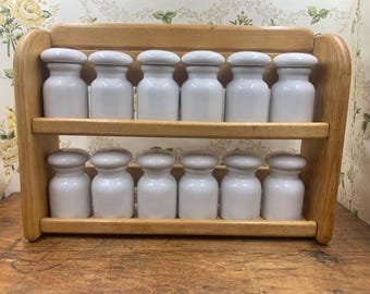 Vintage white ceramic European Belgium style spice apothecary jars set of 12 with hanging wooden stand