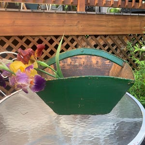 Antique Chinese Rice Bucket 15.5" Large green painted grain measure primitive garden trug and harvest basket English cottage French country