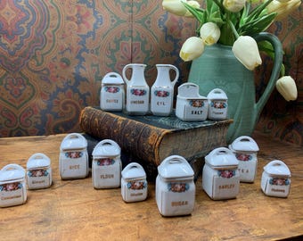 antique miniature child’s canister set Germany 1900s 25 pieces floral Flour sugar Tea