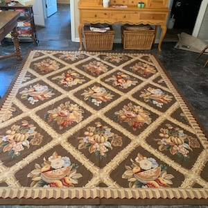 Vintage 8 x 10 Needlepoint Wool Aubusson Rug fruit and flowers