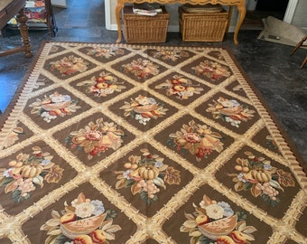 Vintage 8 x 10 Needlepoint Wool Aubusson Rug fruit and flowers