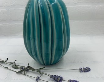 Vintage Turquoise pottery base Mid Century Modern Ribbed Melon Vase Aqua ceramic art pottery