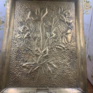 Antique hammered brass tray with floral design art nouveau style handmade hand crafted