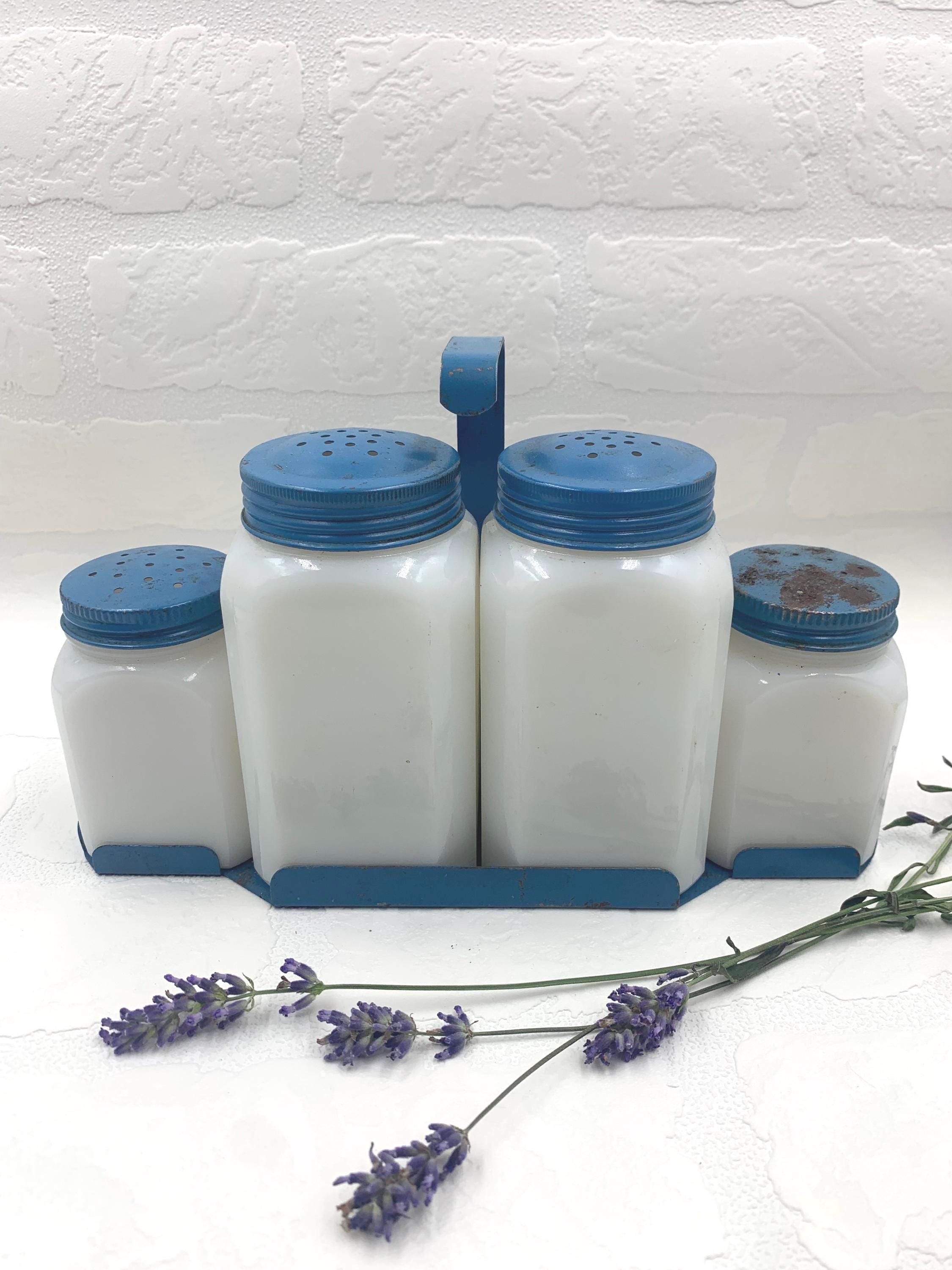 Vintage Milk Glass Shaker Set: Blue Lids Metal Caddy Stove Set - Etsy