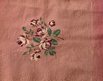 Vintage floral wool needlepoint for chair, bench, pillow, framed #1