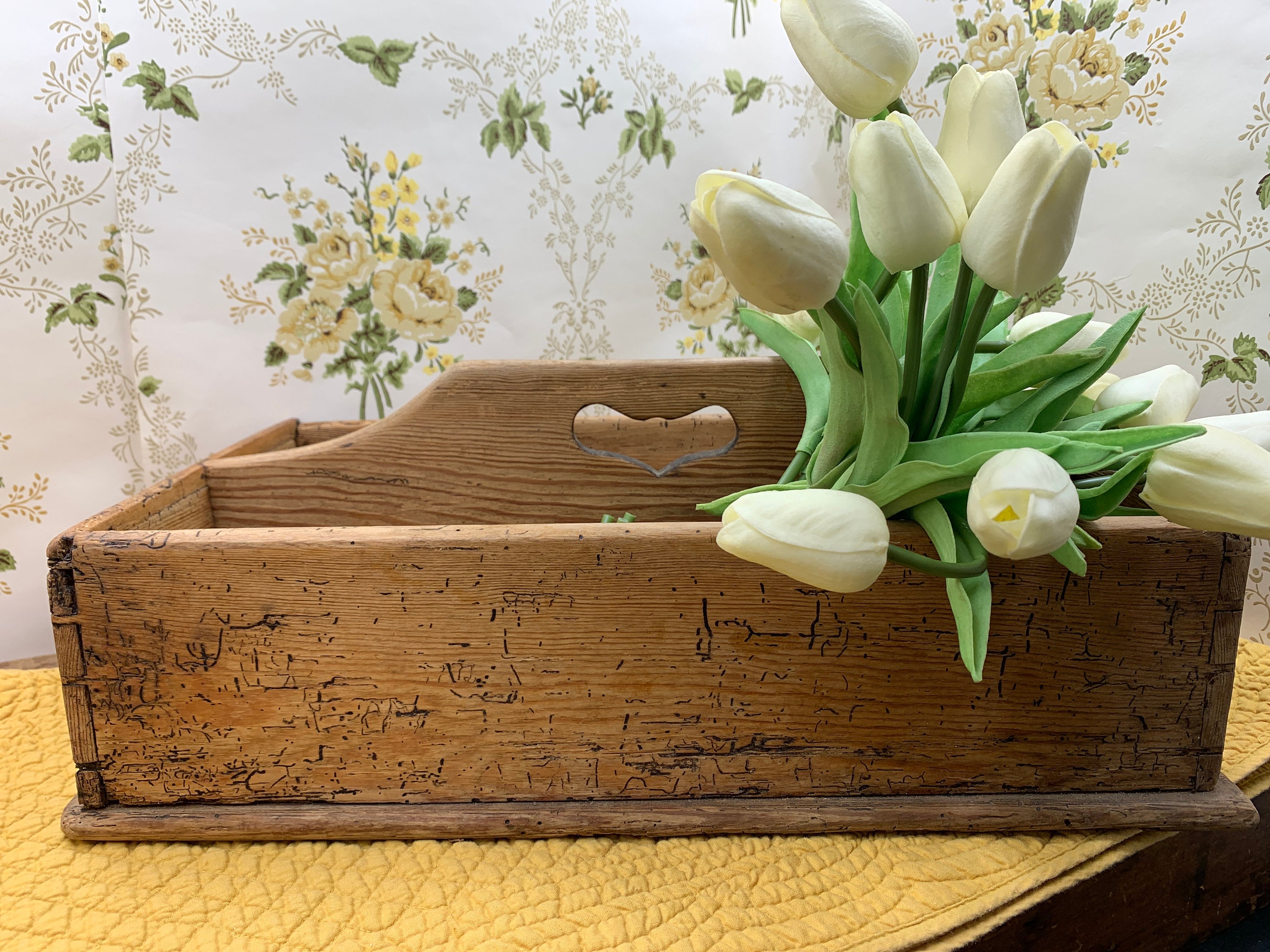 Antique European pine divided utensil cutlery tray dovetailed with worm holes in warm wood 16” x 5.75” English cottage French Country