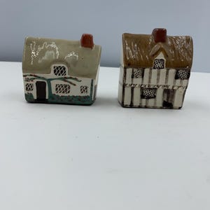 May include: Two miniature ceramic houses with thatched roofs and small chimneys. One house has a beige roof and white walls with green accents. The other has a brown roof and striped walls. Both have small windows.