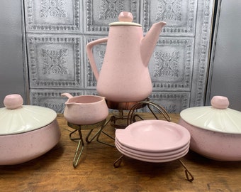 MCM Danish modern Pink Confetti glazed pottery lot coffee carafe set