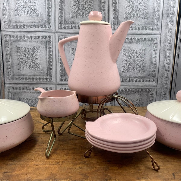 MCM Danish modern Pink Confetti glazed pottery lot coffee carafe set