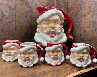Vintage 1950s Winking Santa Pitcher and Mug Set, Mid-century