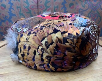 Vintage 1960s Union Made Hat Feather Pillbox Cap Colorful 