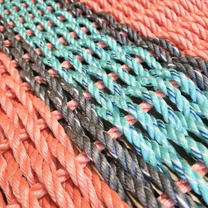 Rope Mat made with Lobster Rope Coral Orange, Teal with Gray Accents